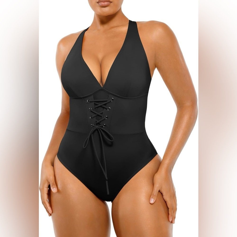 SHAPELLX Women's Slimming Swimwear Push Up V Neck Tummy Control Swim Suits Blue
